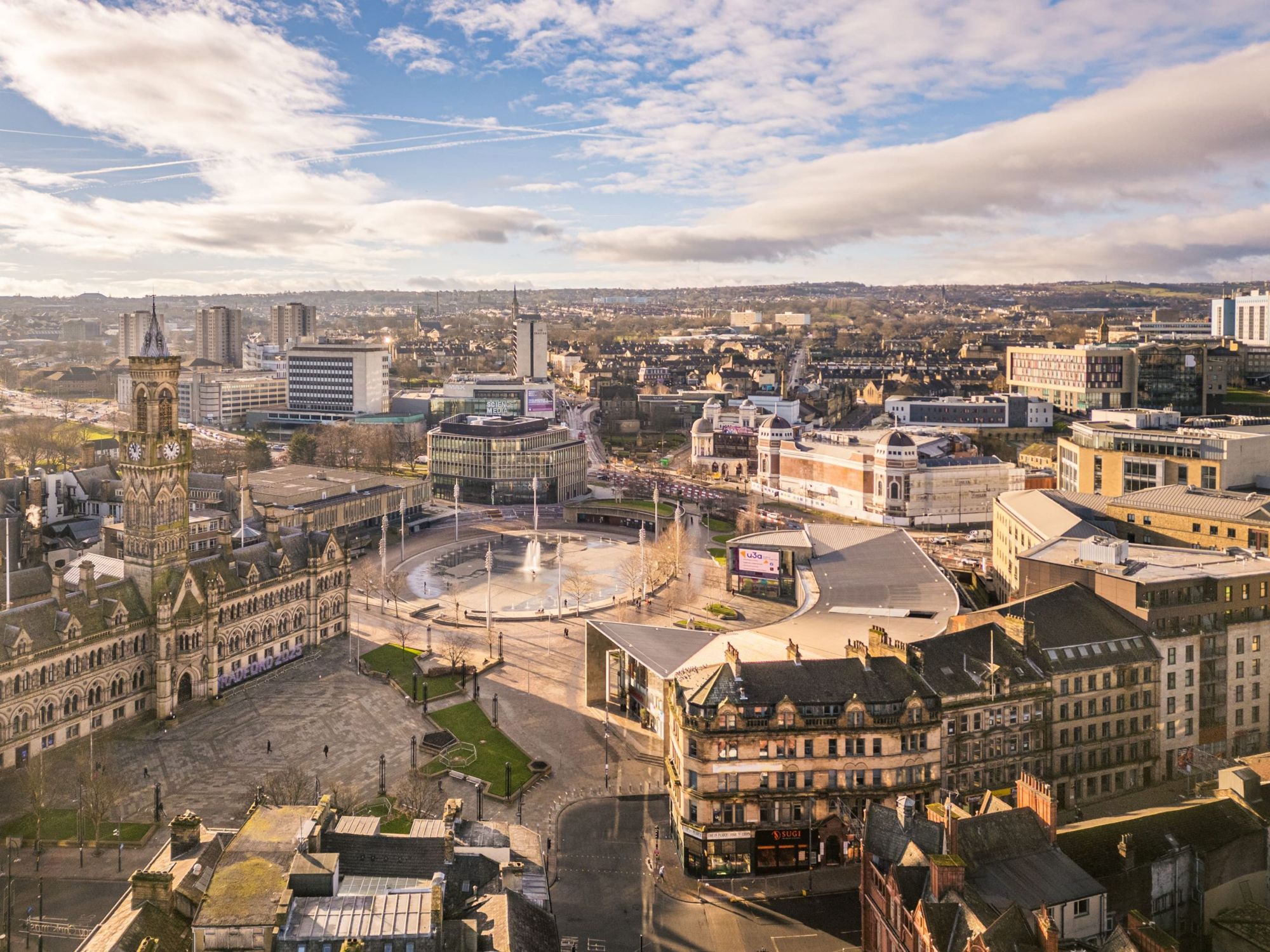 Aerial view of Bradford city centre, City Park and City Hall